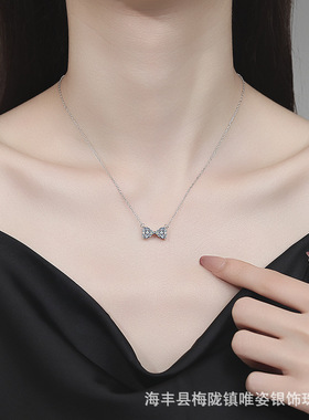 跨境s925纯银项链莫桑石双爱心蝴蝶结吊坠2克拉D色莫桑石项链