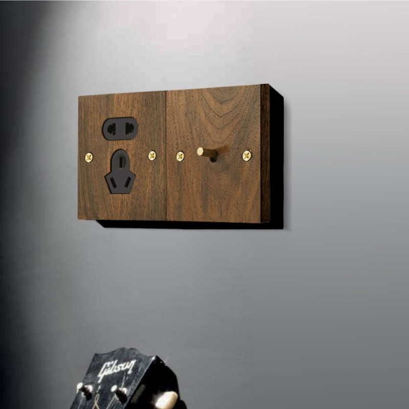 汉王侘寂风新中式黑胡桃实木复古86型开关插座暗装面板家用波杆式 - 图0