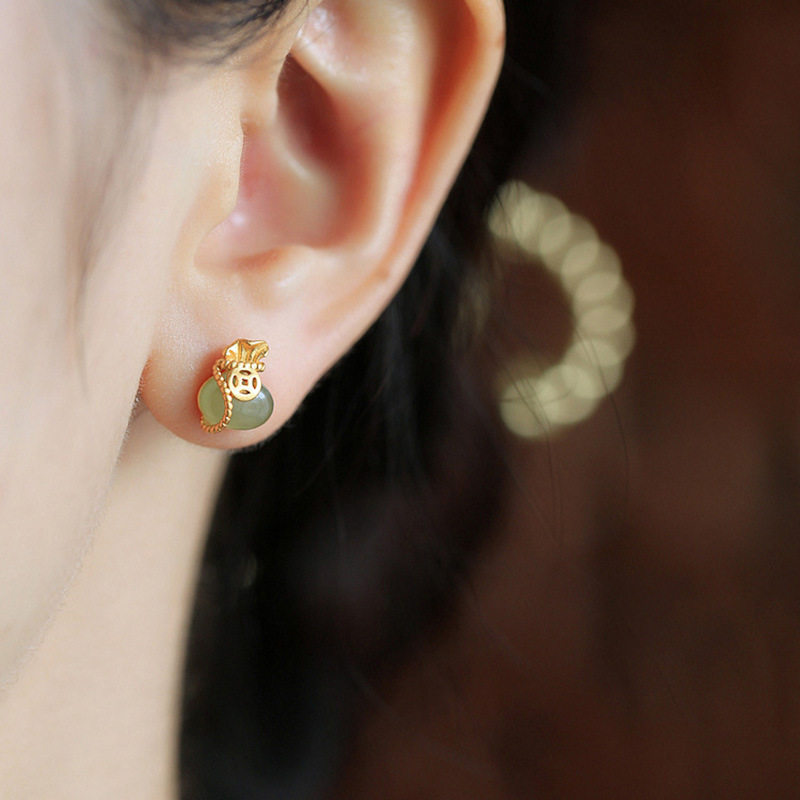 925纯银和田玉钱袋耳钉女复古风ins高级感气质轻奢耳环耳饰新中式,淘宝优惠券,粉丝福利购,淘宝优惠卷