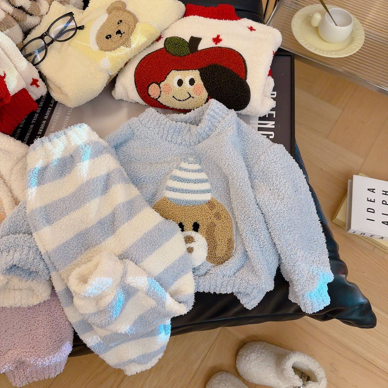 儿童半边绒睡衣秋冬新款男童女孩保暖软糯家居服套装,淘宝优惠券,粉丝福利购,淘宝优惠卷