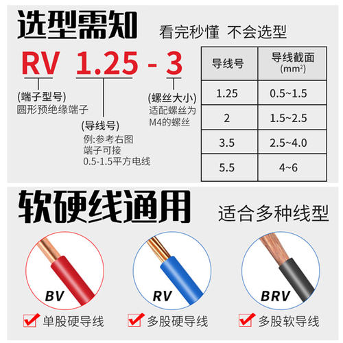 RV冷压接线端子铜鼻子线鼻子圆形O型1.25-3预绝缘压线耳电线接头 - 图1