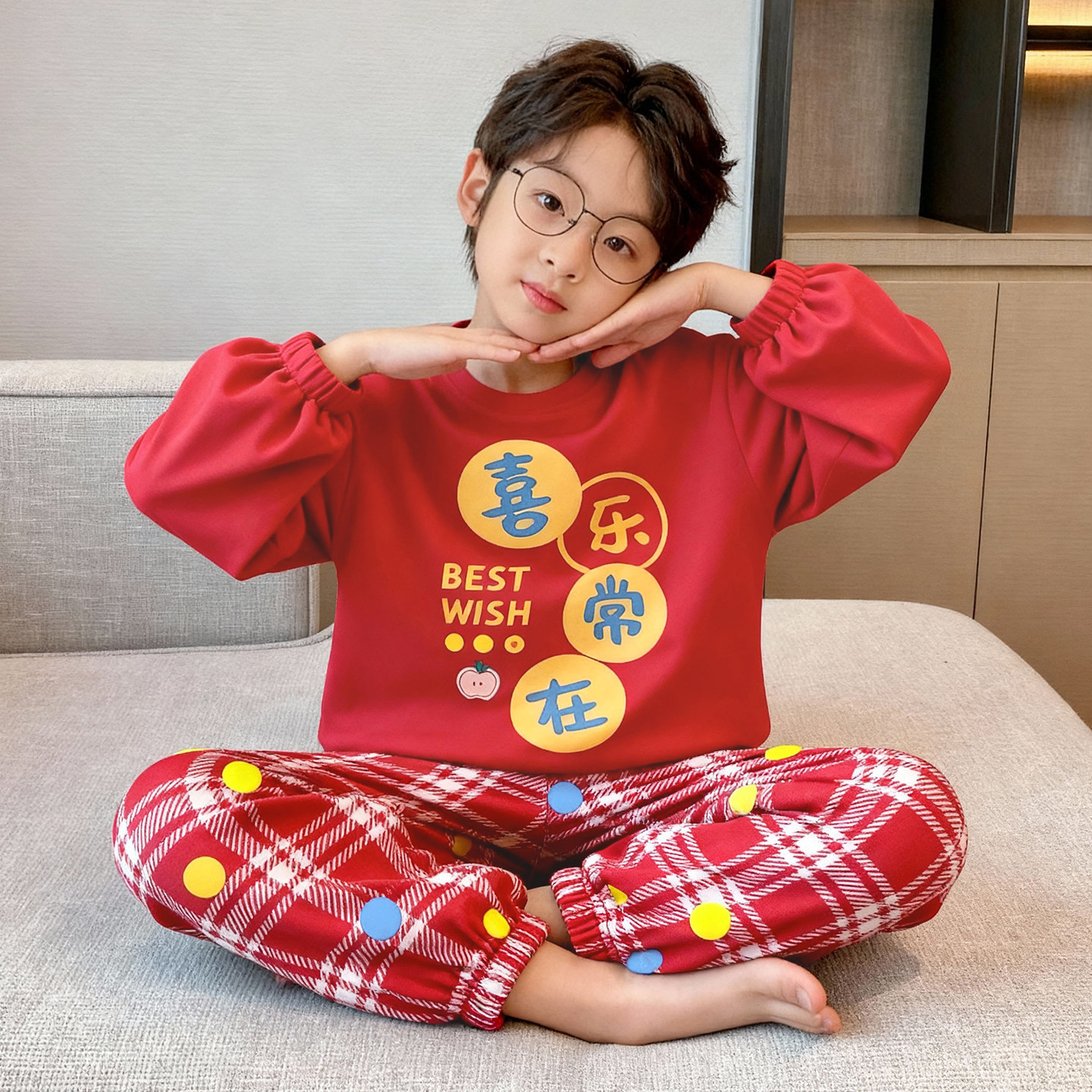 马年儿童睡衣男孩新年大红色纯棉睡衣卡通男大童本命年家居服套装,淘宝优惠券,粉丝福利购,淘宝优惠卷