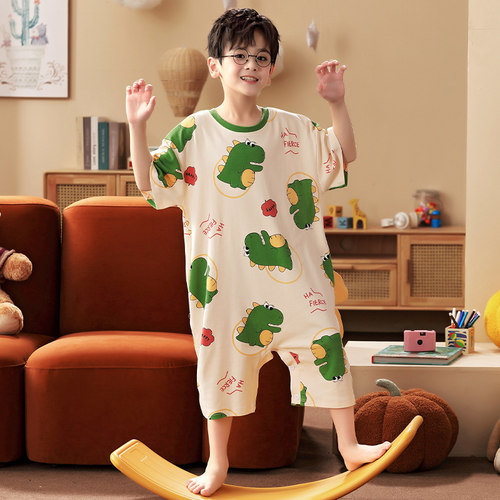 男童连体睡衣夏季纯棉短袖连体衣防踢遮肚卡通小孩儿童空调家居服 - 图1