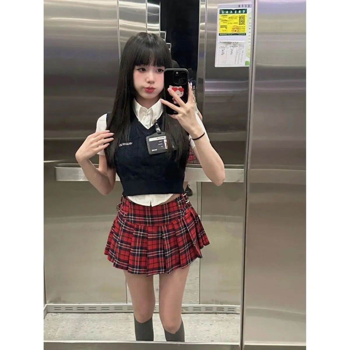 美式jk制服学院风夏季套装甜酷辣妹针织背心短款衬衫红色格子裙女 - 图2