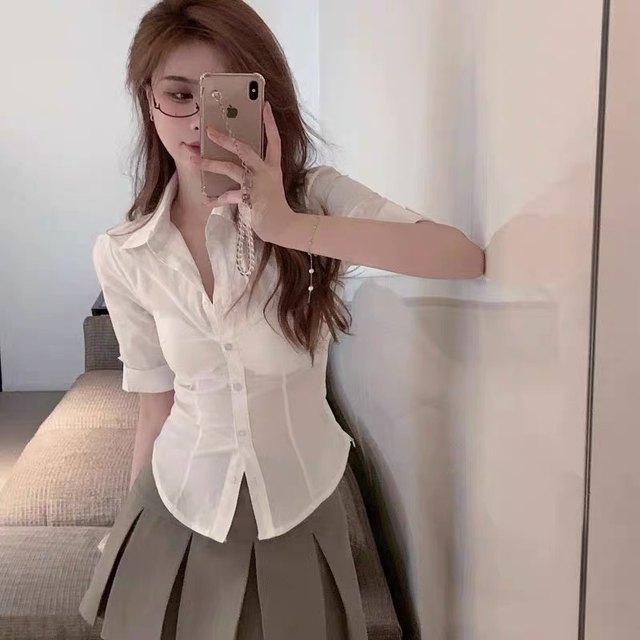 Summer 2022 new style pure lust hottie style sexy polo collar white short-sleeved shirt for women irregular shirt tops