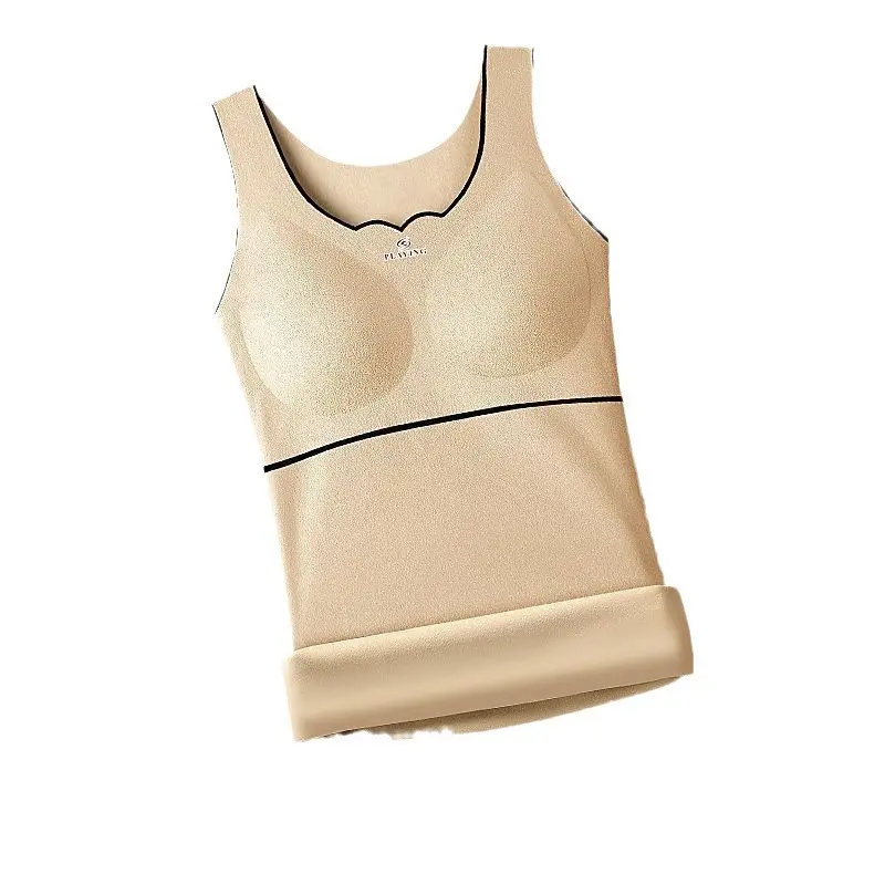 德绒大码保暖背心女加绒加厚发热打底内衣带胸垫文胸一体式秋冬款 - 图3
