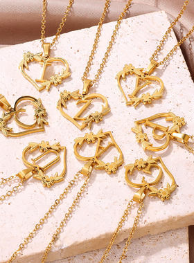 欧美新款个性创意镀18k金不锈钢爱心花朵镂空心形英文字母项链