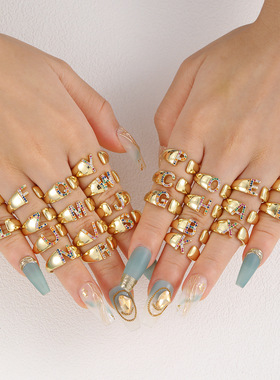 速卖通时尚微镶彩色锆石26个英文字母开口可调节戒指个性复古指环