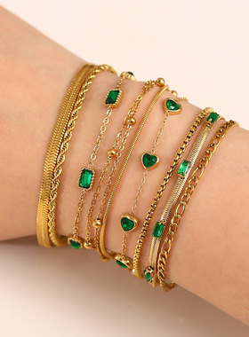 万兴欧美不锈钢小众设计锆石手链绿色轻奢手链女不掉色钛钢首饰