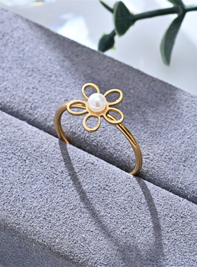 跨境女士不掉色开口戒指可调高级感珍珠锆石指环不锈钢轻奢饰品