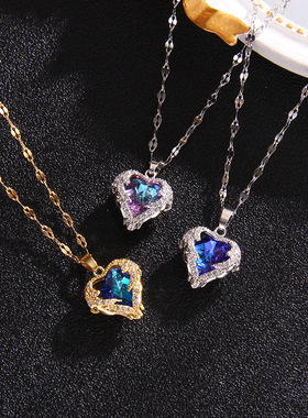跨境爆款爱心项链女小众设计彩色水晶吊坠ins风 桃心钛钢饰品