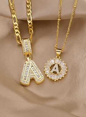 TK爆款嘻哈风格满钻冰糖26字母项链吊坠真金圆形花朵字母套装