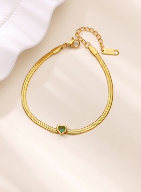 跨境百搭心形生日石扁蛇链手链18K镀金蛇皮创意极简INS风手链女
