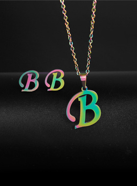 跨境七彩配饰 欧美嘻哈不锈钢项链耳钉套装 简约26个英文字母项链