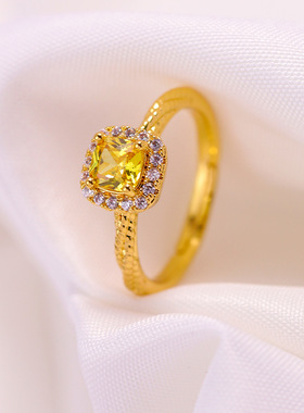 黄水晶小方钻戒指女小红书爆款方糖黄钻麻花18k金指环饰品