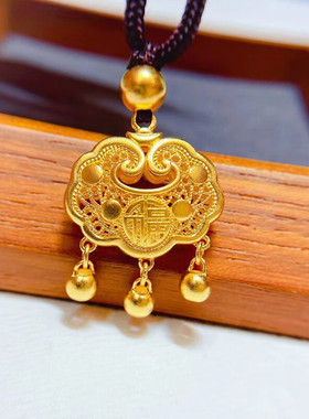 长命锁项链女士平安如意锁黄铜镀金电镀真金保色民族风吊坠锁骨链