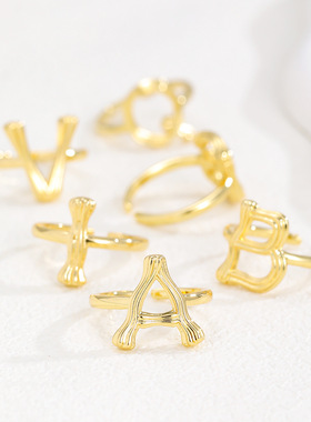 跨境热卖个性嘻哈26个英文字母18K光面金色戒指开口戒可调节指环