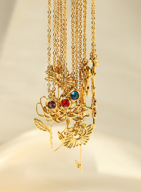 简约新款十二月份花18k镀金不锈钢项链生辰石礼物玫瑰花月份吊坠