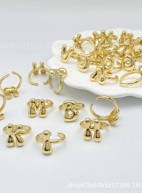 亚马逊热卖戒指英文26字母戒指电镀可调节异形气球字母戒指开口