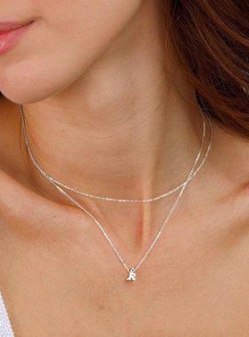 跨境隔珠链艺术字体26首字母不锈钢镀金项链分层项链女士时尚吊坠