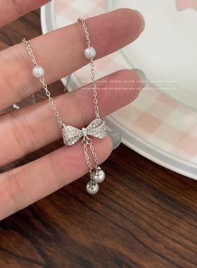 归野银色蝴蝶结珍珠流苏项链女