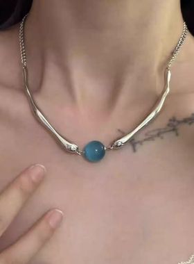 蓝色仿猫眼石金属拼接项链女
