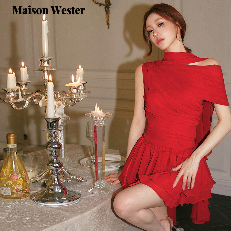 Maison Wester2025夏季新款女雪纺层次红色裙裤上衣套装,淘宝优惠券,粉丝福利购,淘宝优惠卷