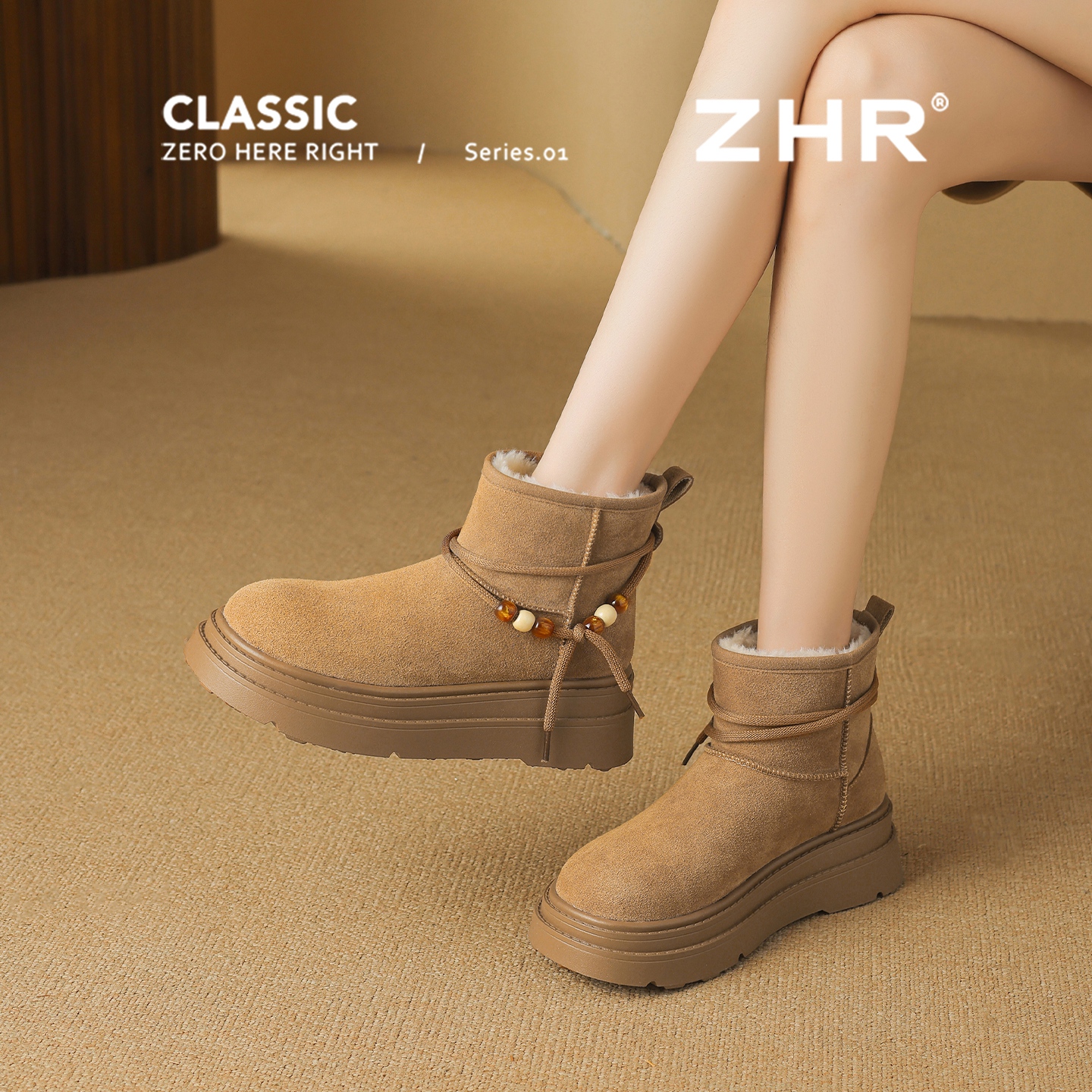 ZHR厚底雪地靴女2025冬季新款加绒加厚防滑保暖棉鞋真皮棕色短靴 - 图1