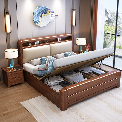 新中式胡桃木实木床主卧软包大床1.8单双人床1.5米家用储物婚床 - 图2