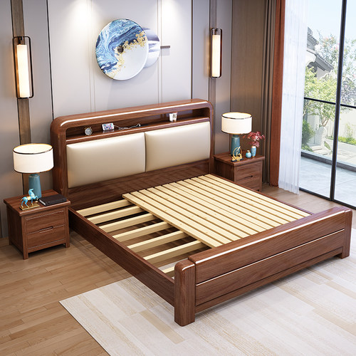 新中式胡桃木实木床主卧软包大床1.8单双人床1.5米家用储物婚床 - 图3