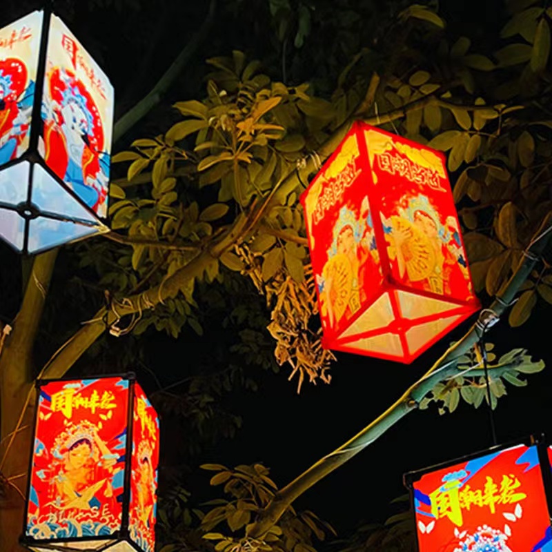 国潮方形灯笼彩灯挂灯街道工程景观亮化节日氛围灯庭院树木装饰灯