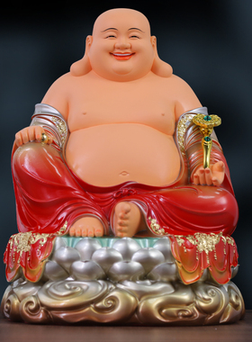 红衣弥勒佛坐像红衣莲花大肚弥勒佛供奉家用笑口常开笑佛招财摆件