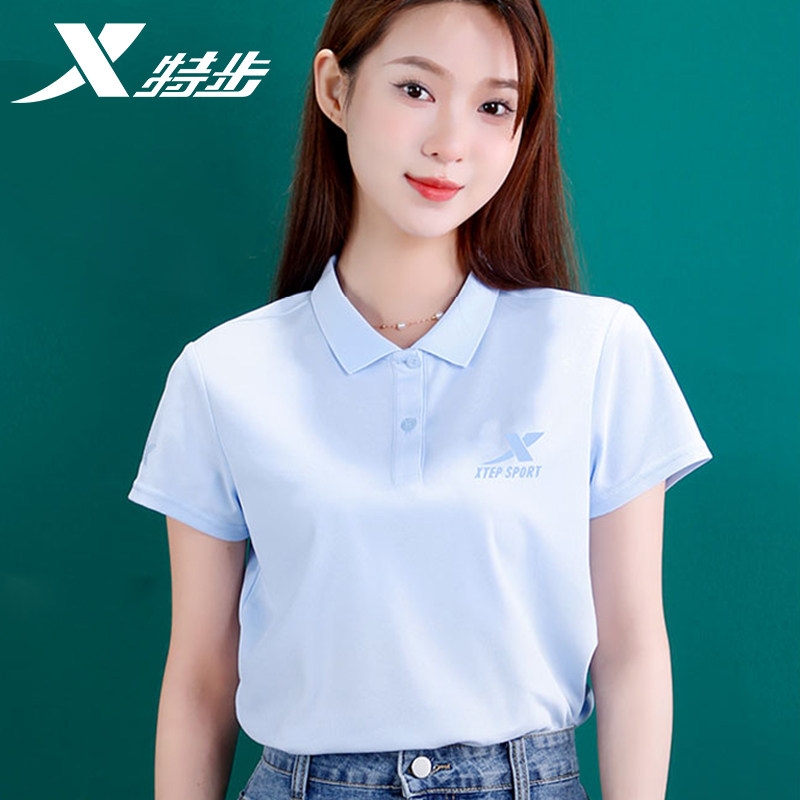 特步短袖女夏季新款t恤翻领polo衫休闲体恤健身跑步运动上衣女装