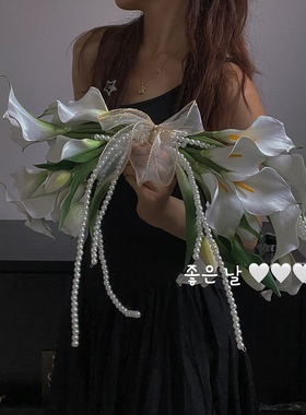 高端感觉马蹄莲珍珠炼人造花假花婚礼花束证书订婚花束照片道具