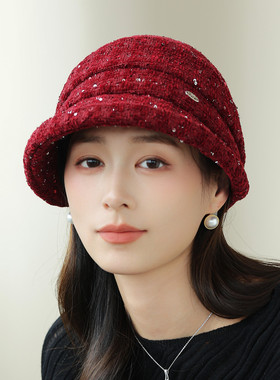 秋冬亮片毛呢渔夫帽女保暖显脸小