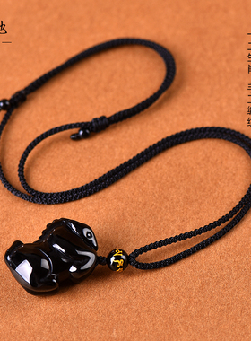 天然黑曜石十二生肖吊坠属马猪牛