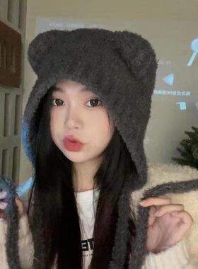 新款秋冬可爱小熊保暖女孩显脸小护耳毛线日韩系百搭针织冬帽女士