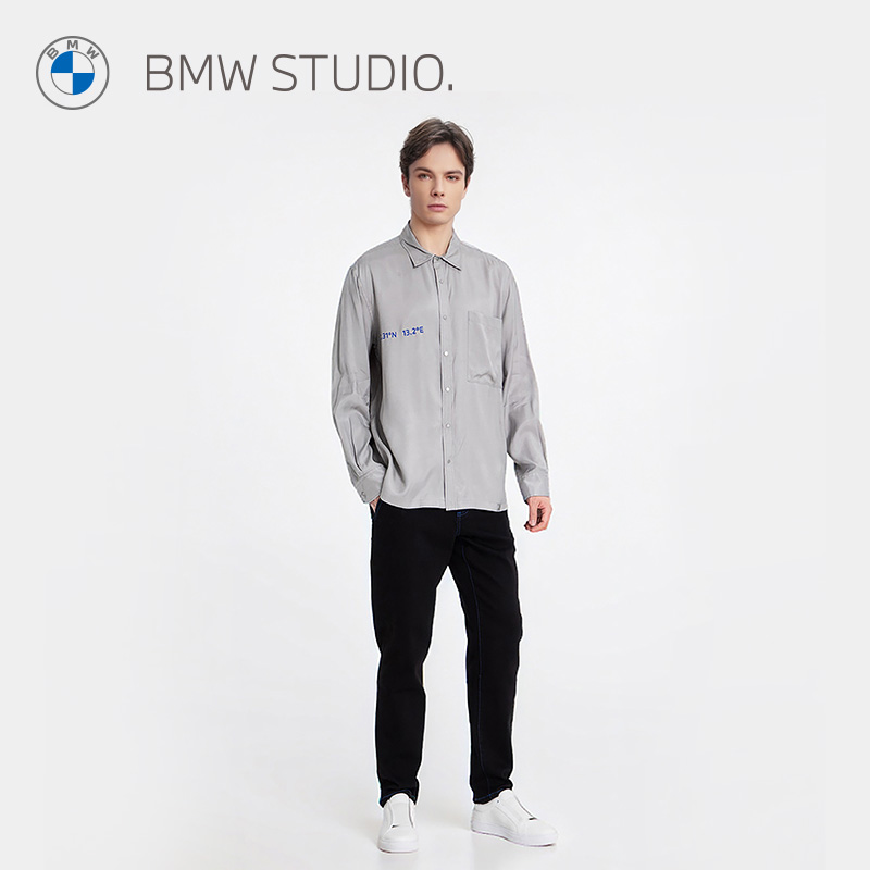 BMW Studio宝马男装春秋新款纯色衬衫时尚白色绅士男长袖休闲衬衫