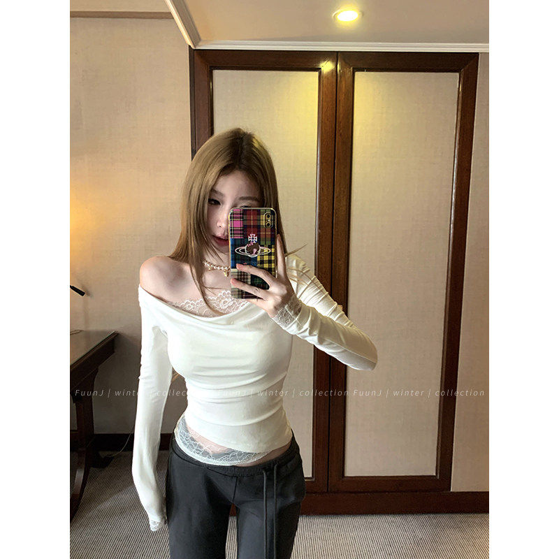 FuunJ抓心honey设计感拼接蕾丝打底衫女复古修身显瘦内搭针织上衣,淘宝优惠券,粉丝福利购,淘宝优惠卷