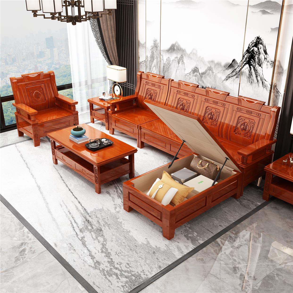 中式全实木沙发茶几组合客厅家用木质普通农村办公室经济型春秋椅