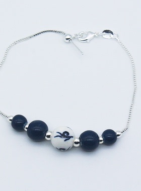 景德镇青花青缠财莲手链原创饰品