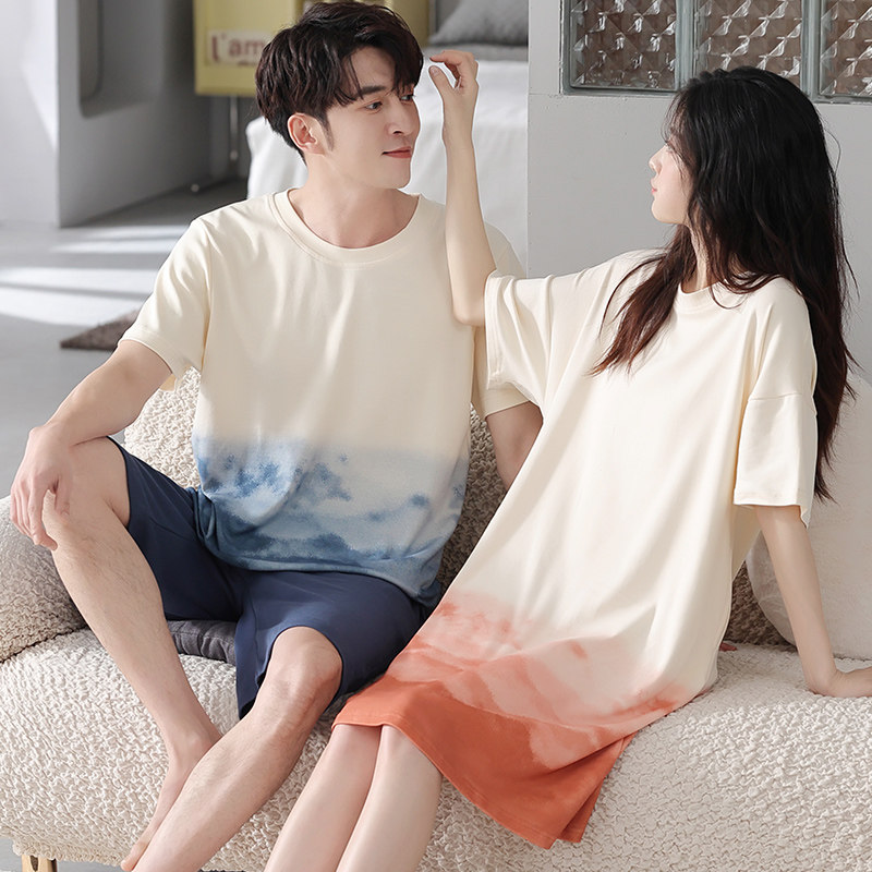 2套价情侣夏季纯棉短袖甜美夏睡裙 亲姿色睡衣/家居服套装
