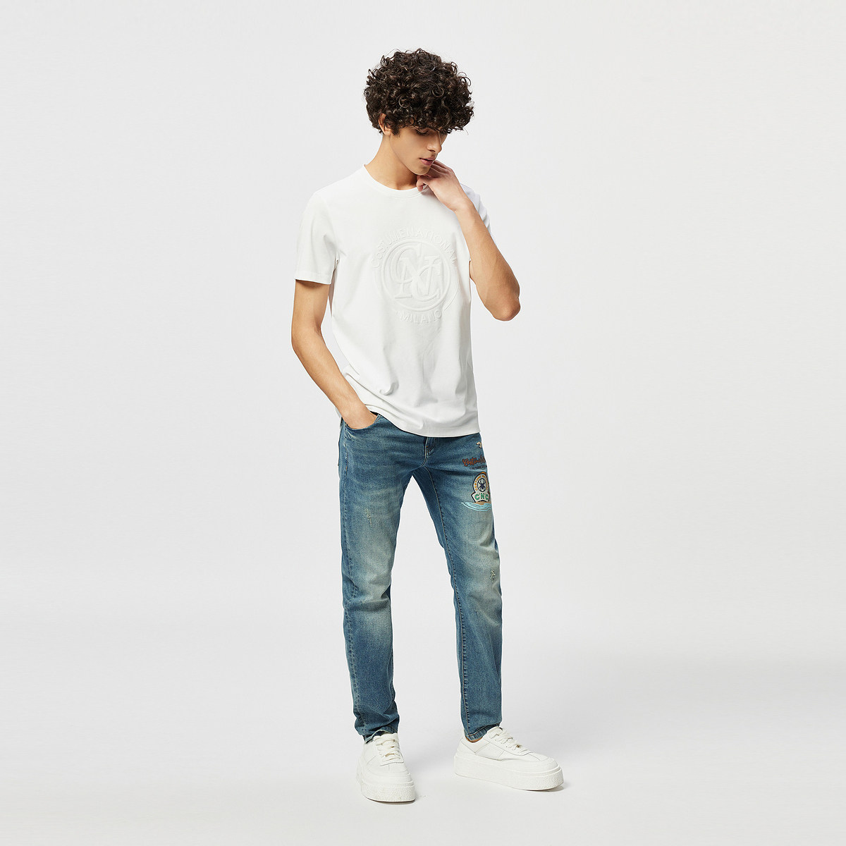 CNC男装奥莱蜘蛛logo水洗牛仔裤男新款轻奢百搭弹力长裤