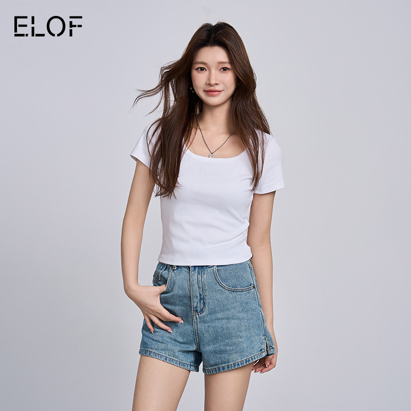 ELOF短袖T恤女U领纯色正肩打底衫内搭不透基础款通勤百搭显瘦上衣