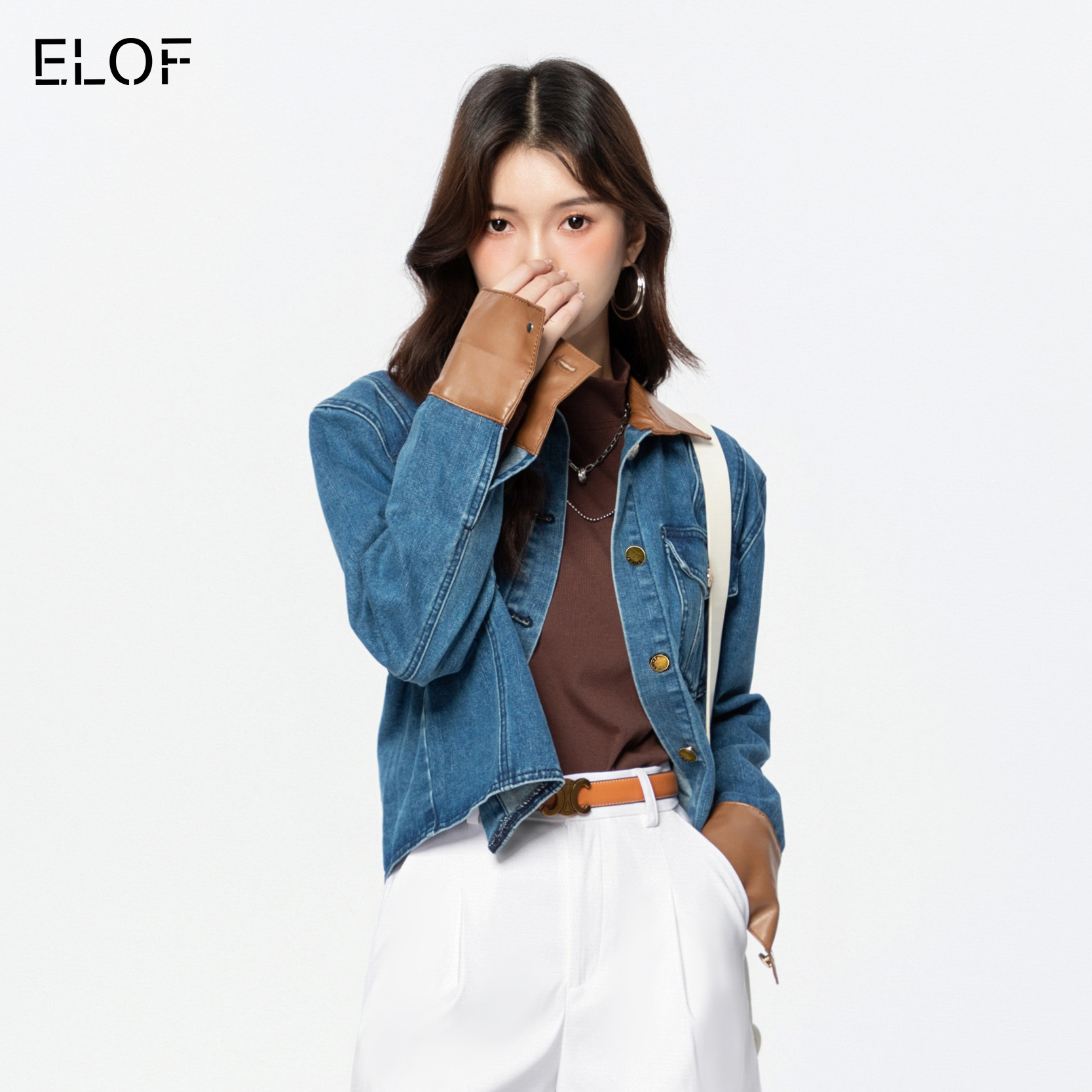 ELOF拼接pu革短款牛仔外套