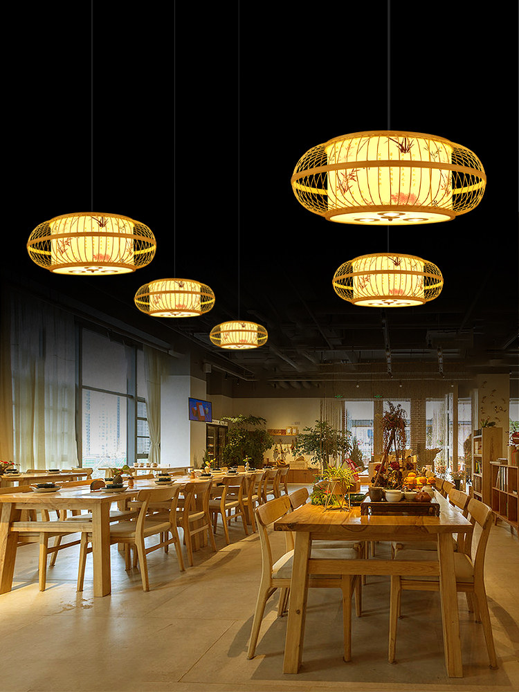 中式竹编餐厅店铺火锅店吊灯带射灯商用餐饮饭店包厢专用竹艺灯笼_虎窝淘