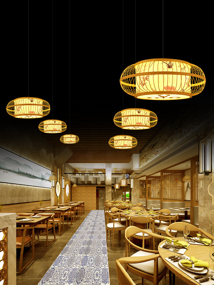 中式竹编餐厅店铺火锅店吊灯带射灯商用餐饮饭店包厢专用竹艺灯笼_虎窝淘