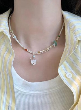 多巴胺双层彩色串珠猫咪夏小清新创意百搭锁骨链女颈链批发