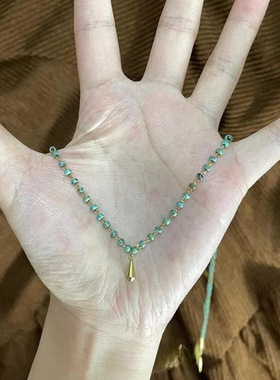 新中式绿色米珠项链高级感气质百搭夏天金色水滴锁骨链
