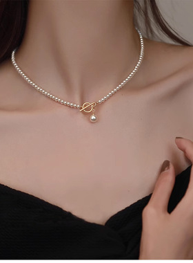 百搭天鹅颈正圆强光珍珠项链女美娅感简约ot扣锁骨链